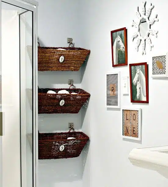 small bathroom storage bathroom storage bins hung on the wall