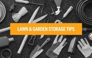 black and white image of gardening supplies with orange box the has text