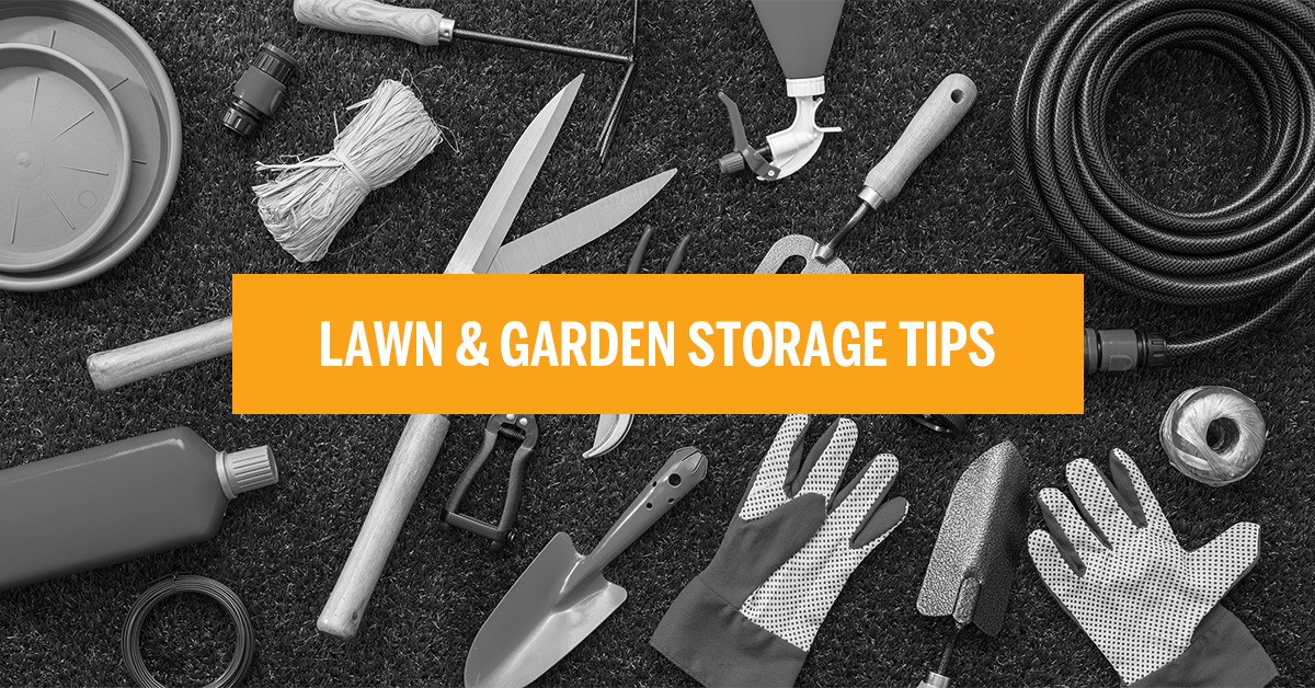 black and white image of gardening supplies with orange box the has text
