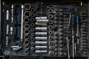 Tools organized neatly inside a toolbox.