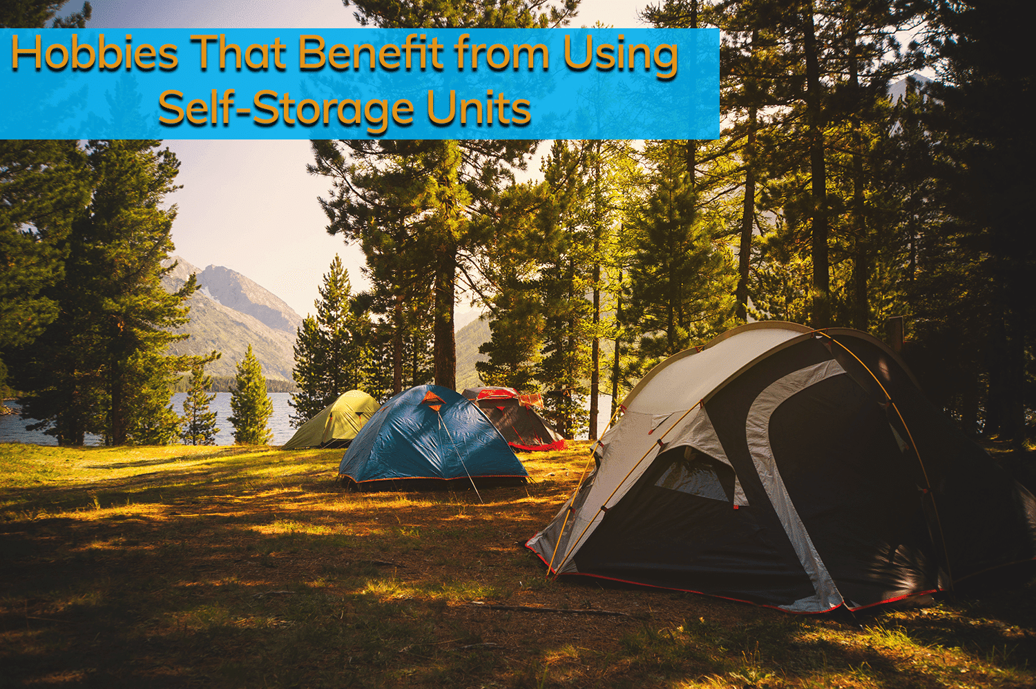 Camping tents that came from a storage unit set up in the wilderness in Colorado with mountains in the background.