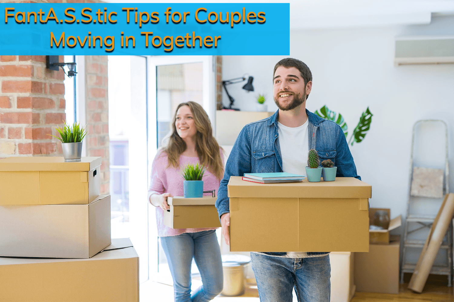 A man and a woman moving in to their new home, holding cardboard boxes.