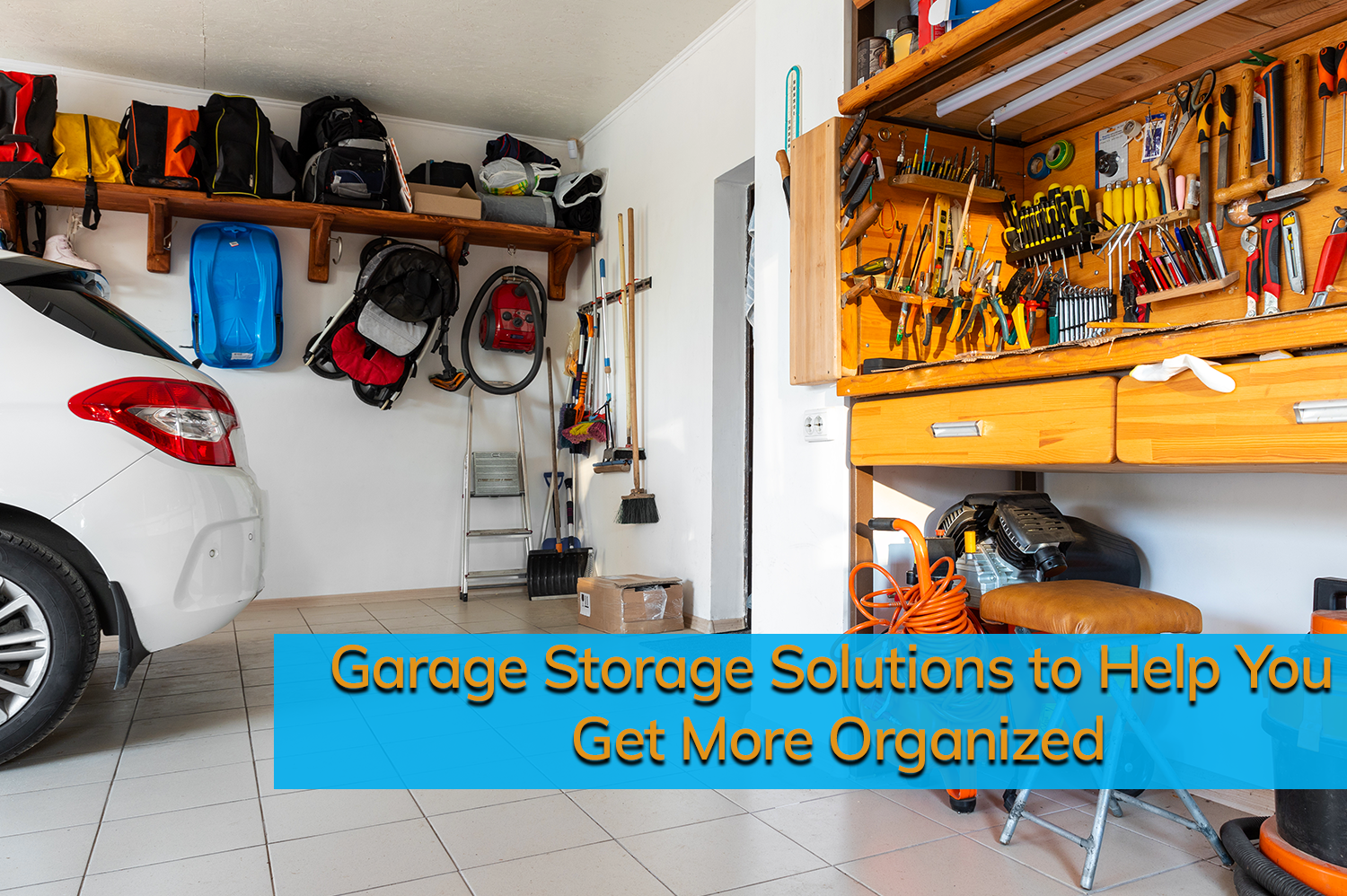 A garage utilizing storage solutions to keep it organized and tidy.