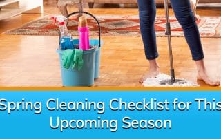 A person with a cleaning bucket, cleaning supplies, gloves, and a mop, ready to get into spring cleaning.