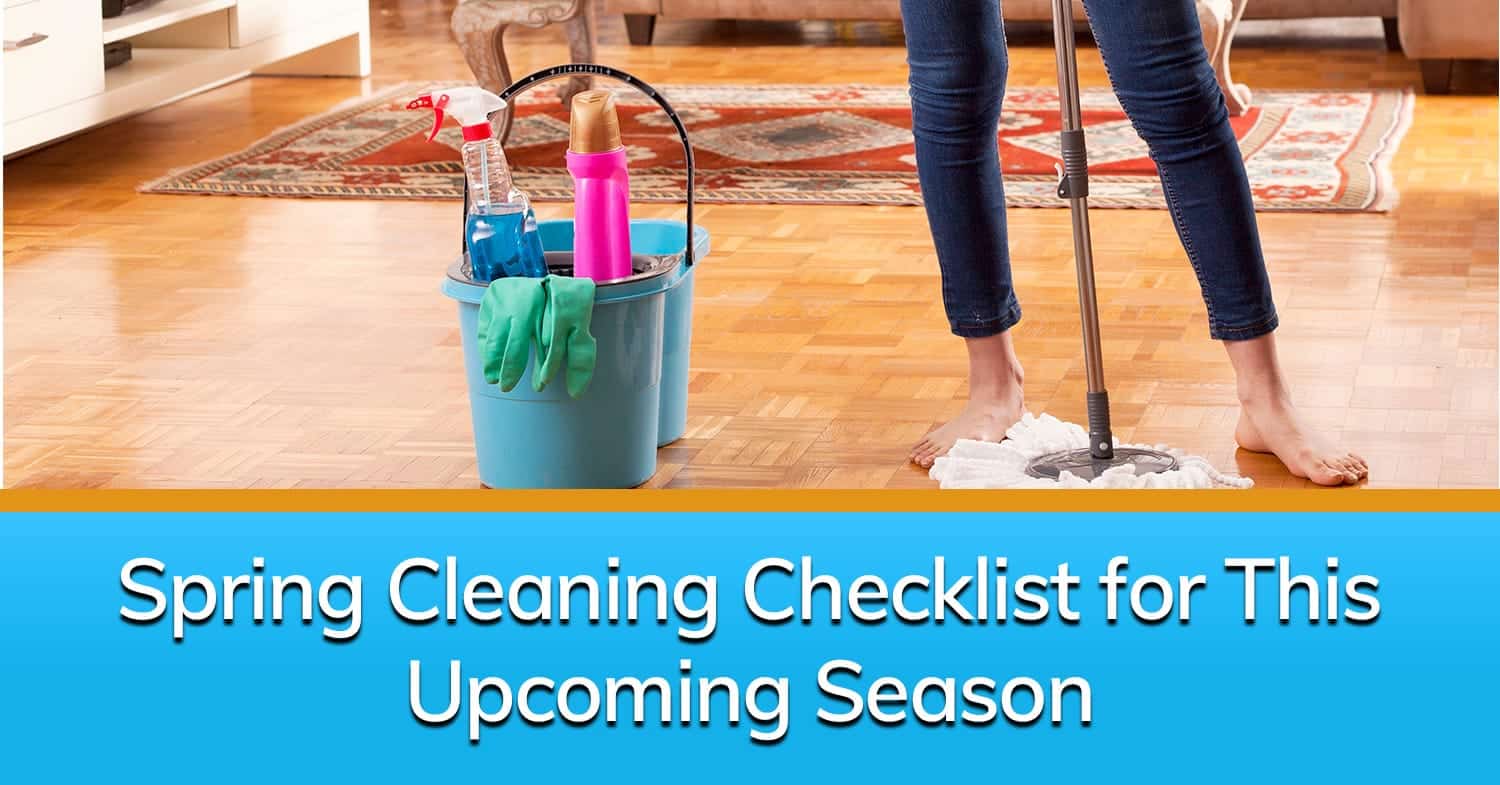 A person with a cleaning bucket, cleaning supplies, gloves, and a mop, ready to get into spring cleaning.