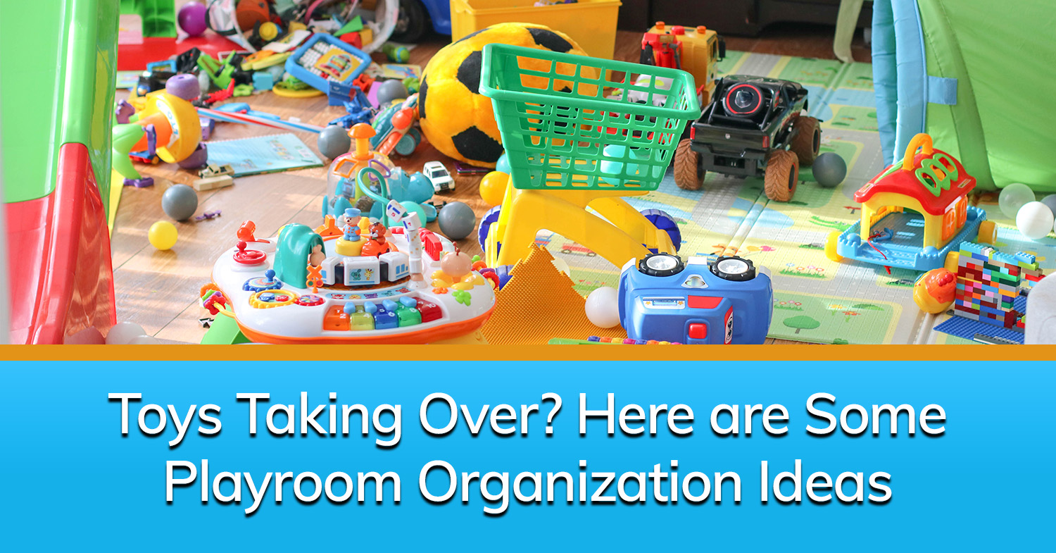 Toys scattered around a messy playroom. Organization is needed to tidy up the space.